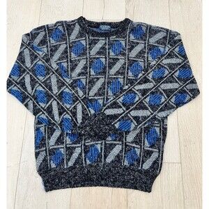 Vintage ST. ALBANS Gray with Blue Abstract Knit Sweater Men's Size L Grandpa